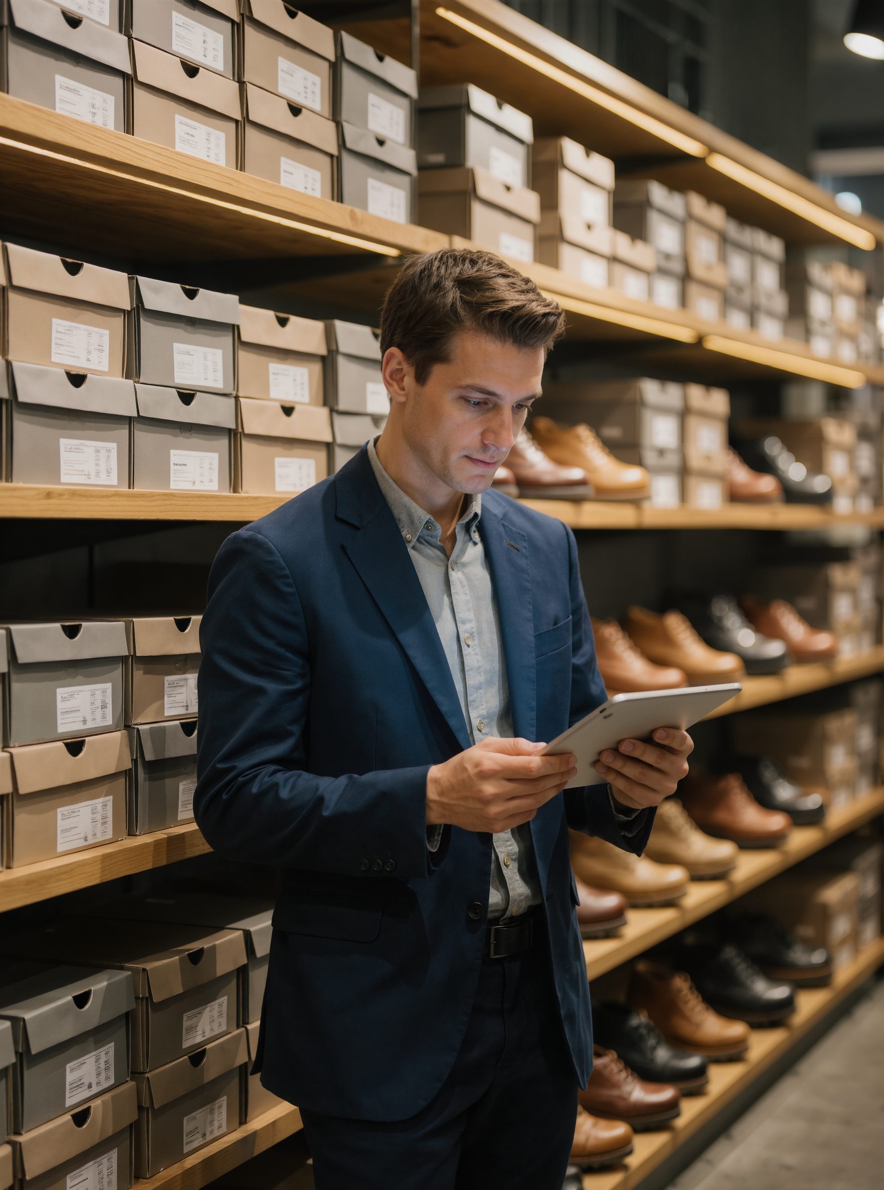 A store manager checking stock on a tablet
